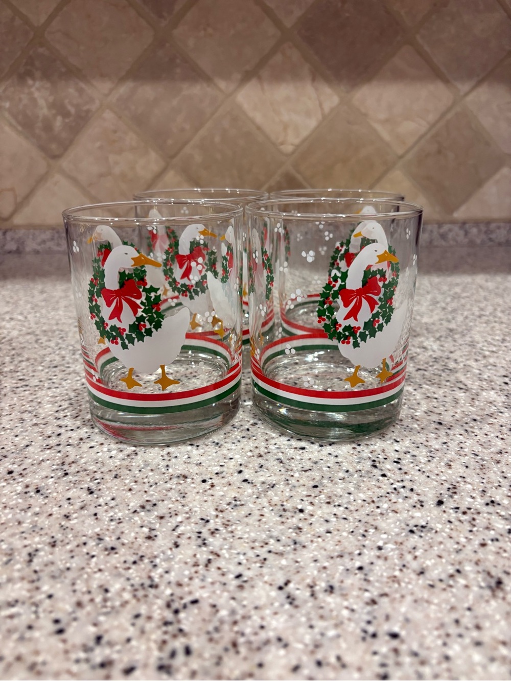 4 Libbey Glass Christmas Goose/Geese Duck Double Old Fashioned Rocks Wreath Dots